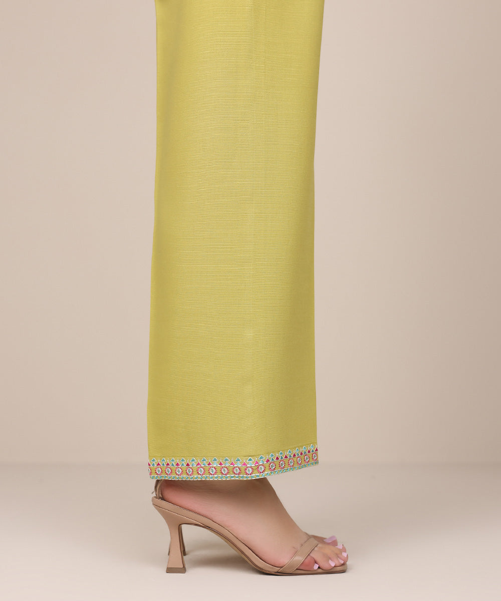 Women's Pret Dull Raw Silk Yellow Embroidered Straight Pants