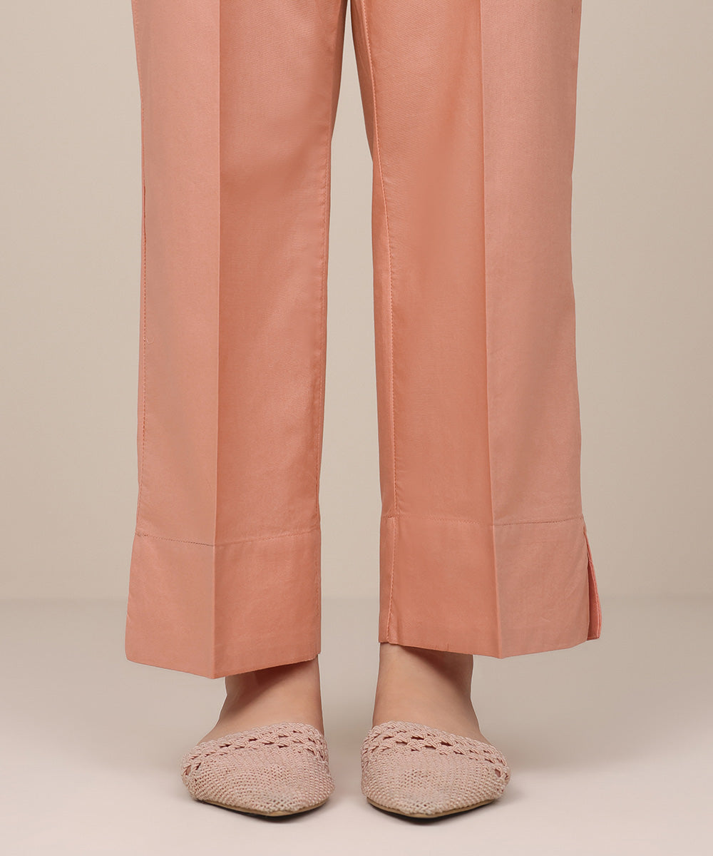 Women's Pret Dull Raw Silk Pink Solid Straight Pants