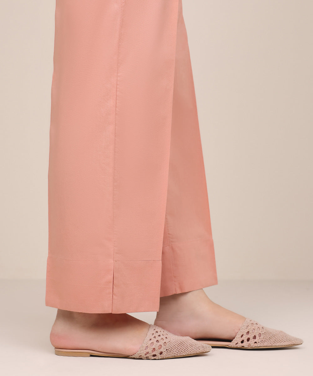 Women's Pret Dull Raw Silk Pink Solid Straight Pants