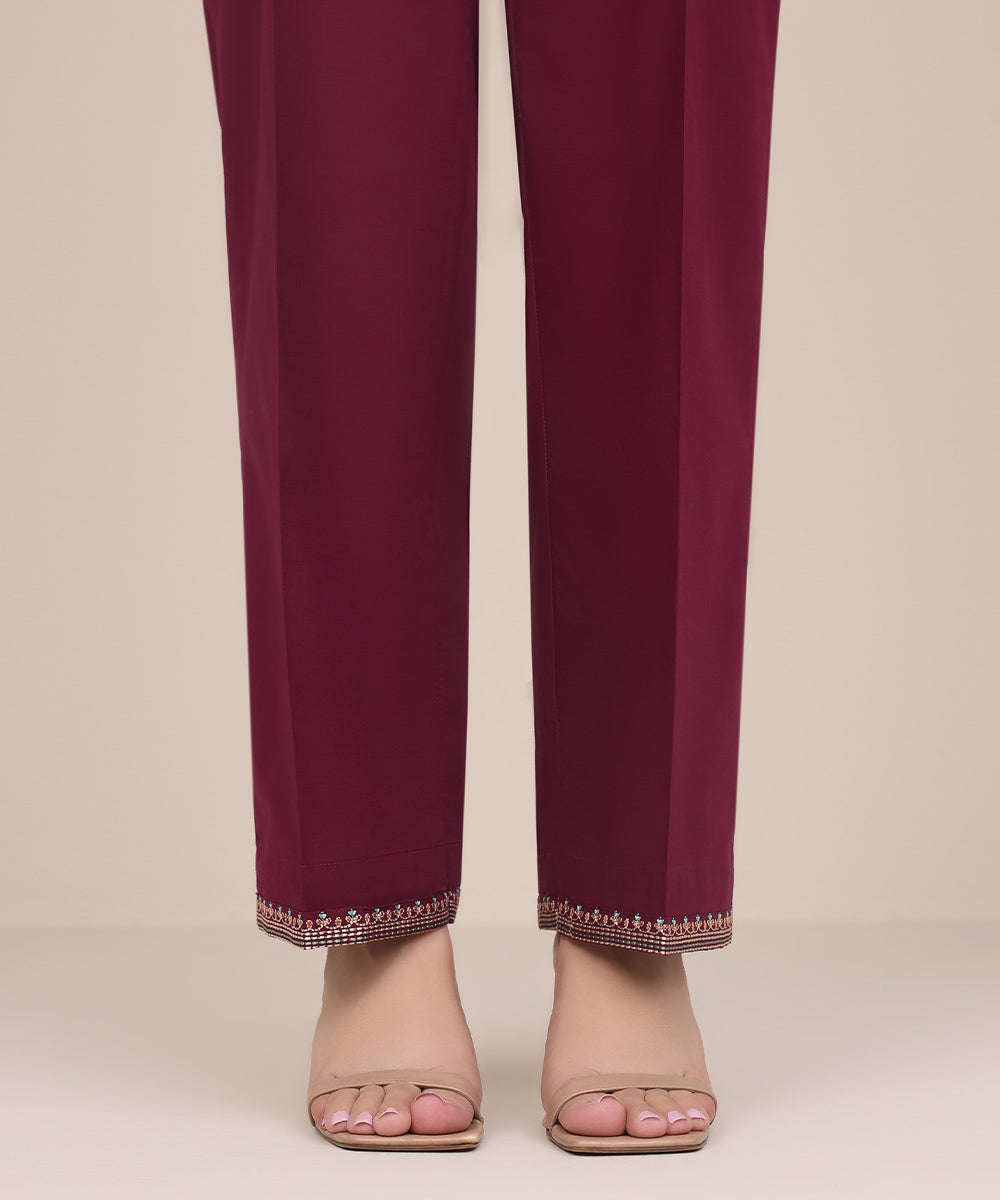 Women's Pret Cambric Red Embroidered Straight Pants