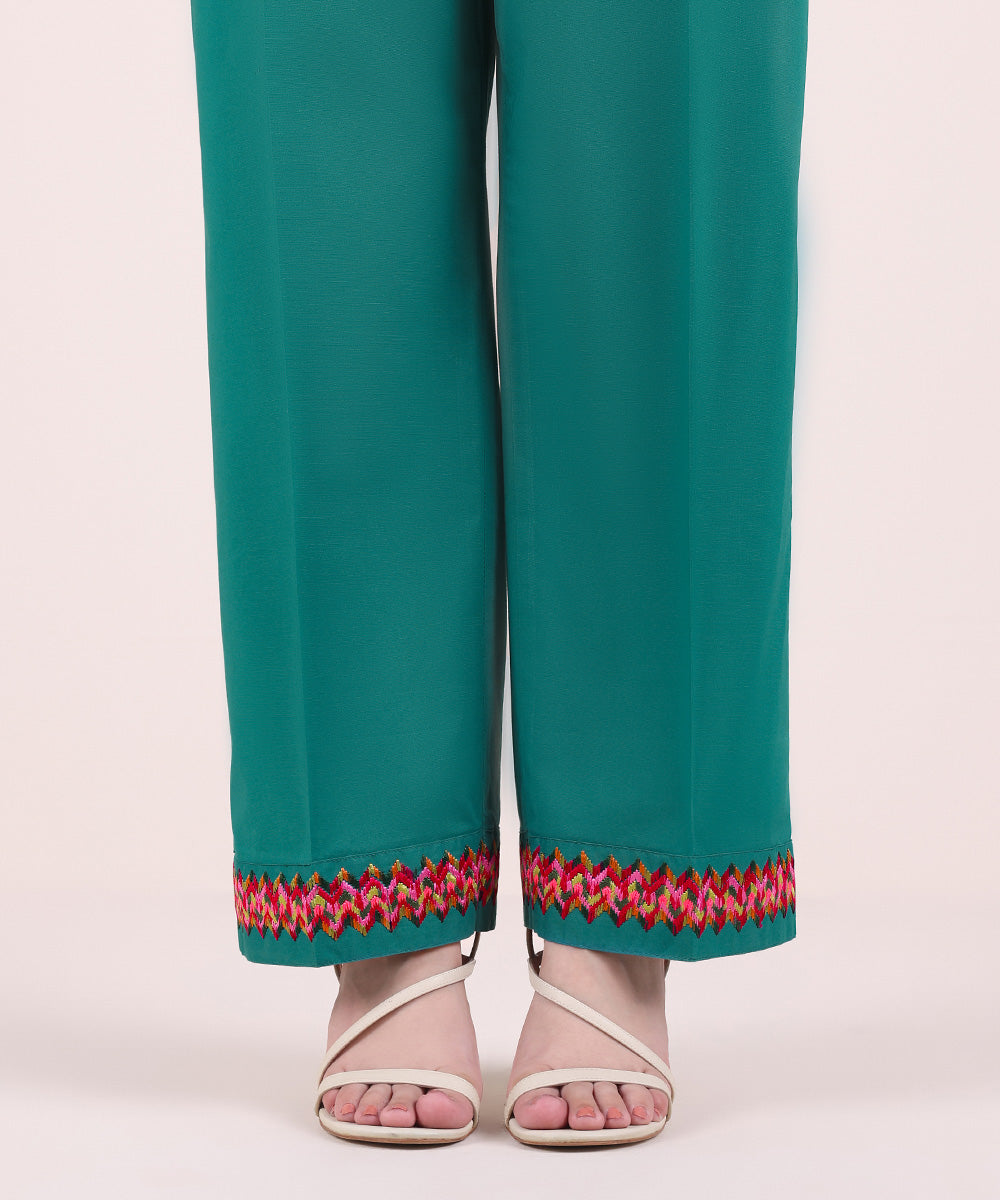 Women's Pret Cambric Embroidered Teal Straight Pants