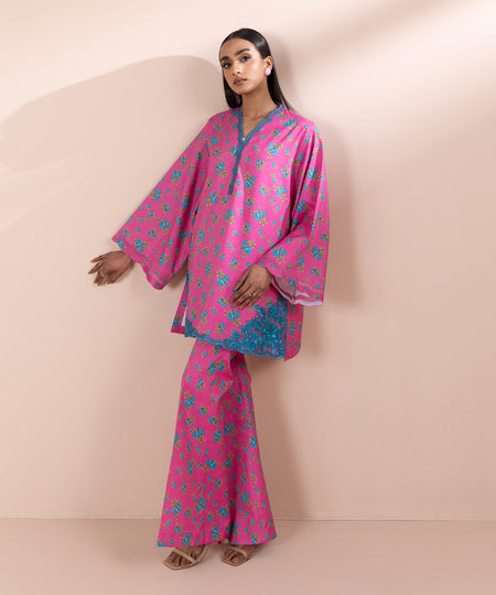 Women's Unstitched Lawn Embroidered Pink 2 Piece Suit