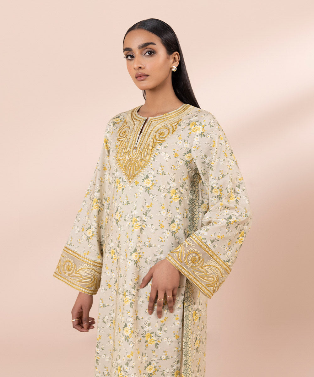 Women's Unstitched Lawn Embroidered Beige 2 Piece Suit