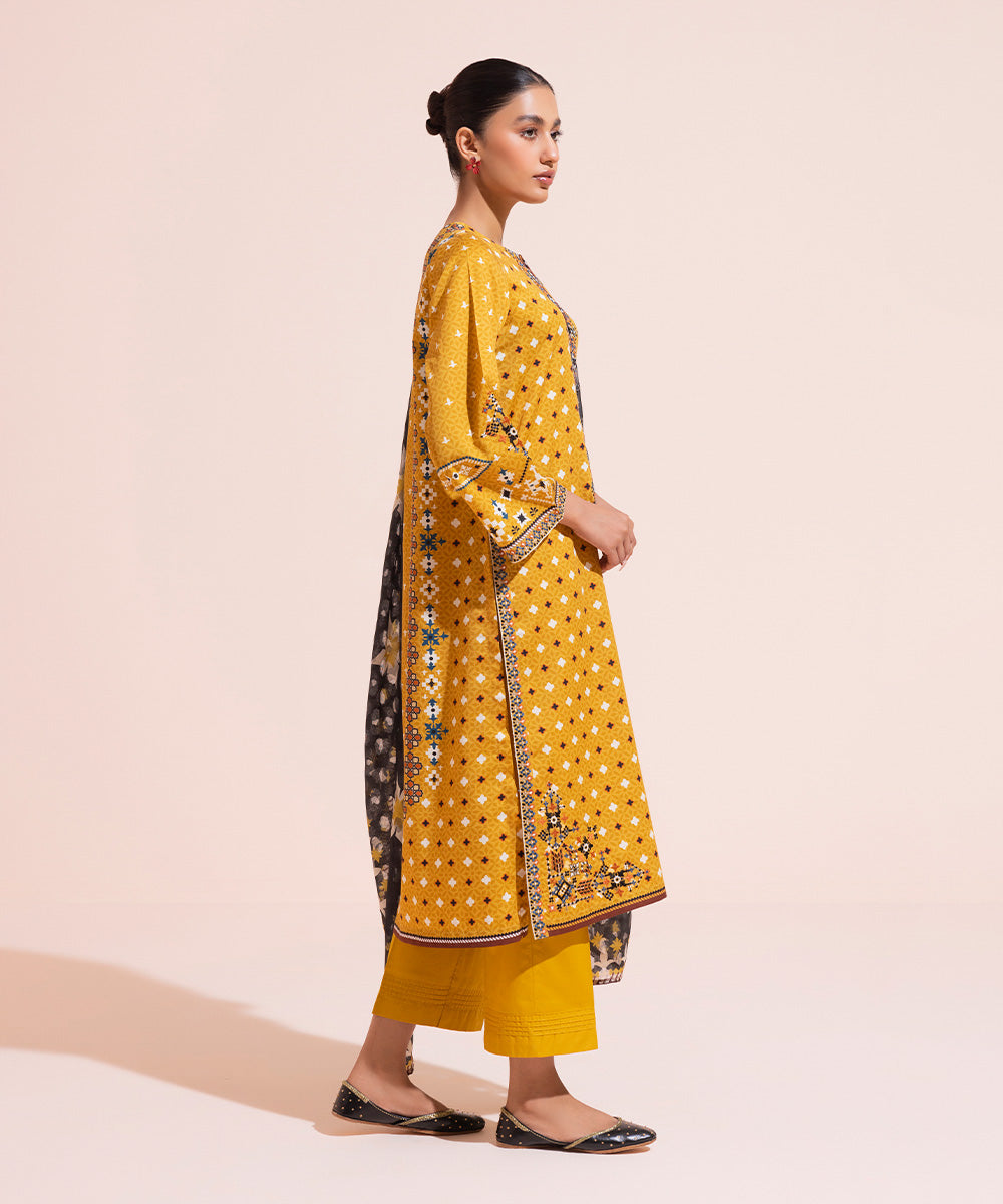 Women's Eid Pret Cotton Satin Embroidered Mustard 3 Piece Suit
