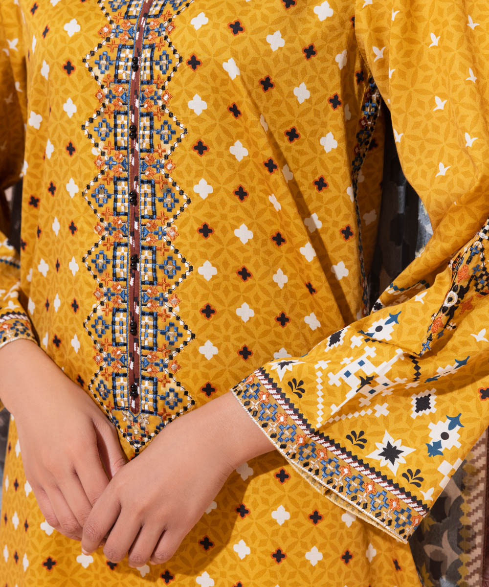 Women's Eid Pret Cotton Satin Embroidered Mustard 3 Piece Suit