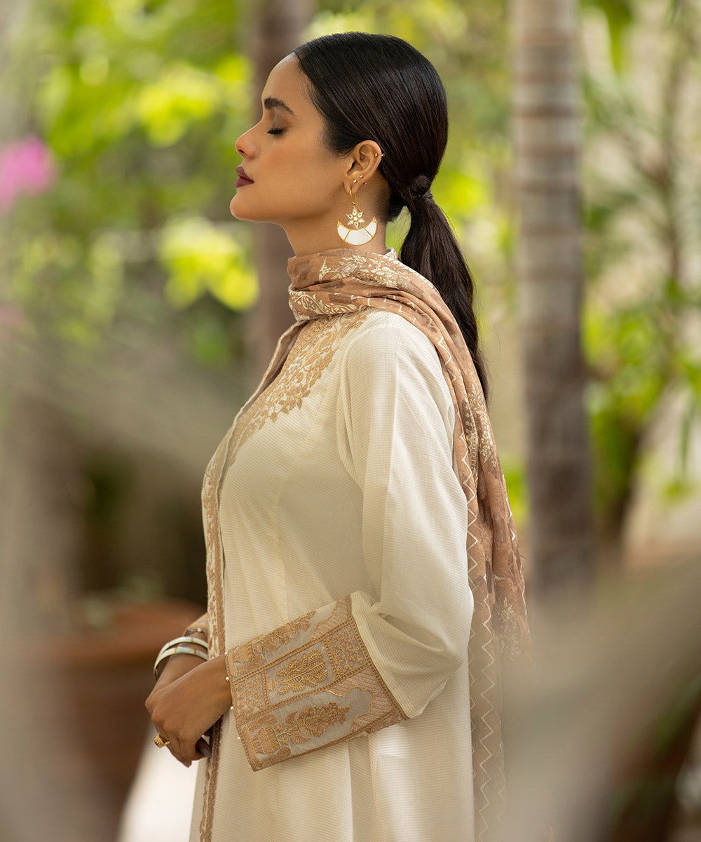 Women's Eid Pret Zari Lawn Embroidered White 2 Piece Suit