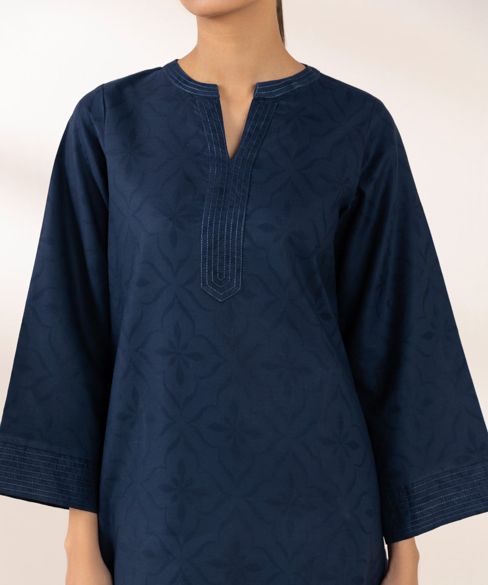 Women's Pret Cotton Jacquard Solid Blue A-Line Shirt