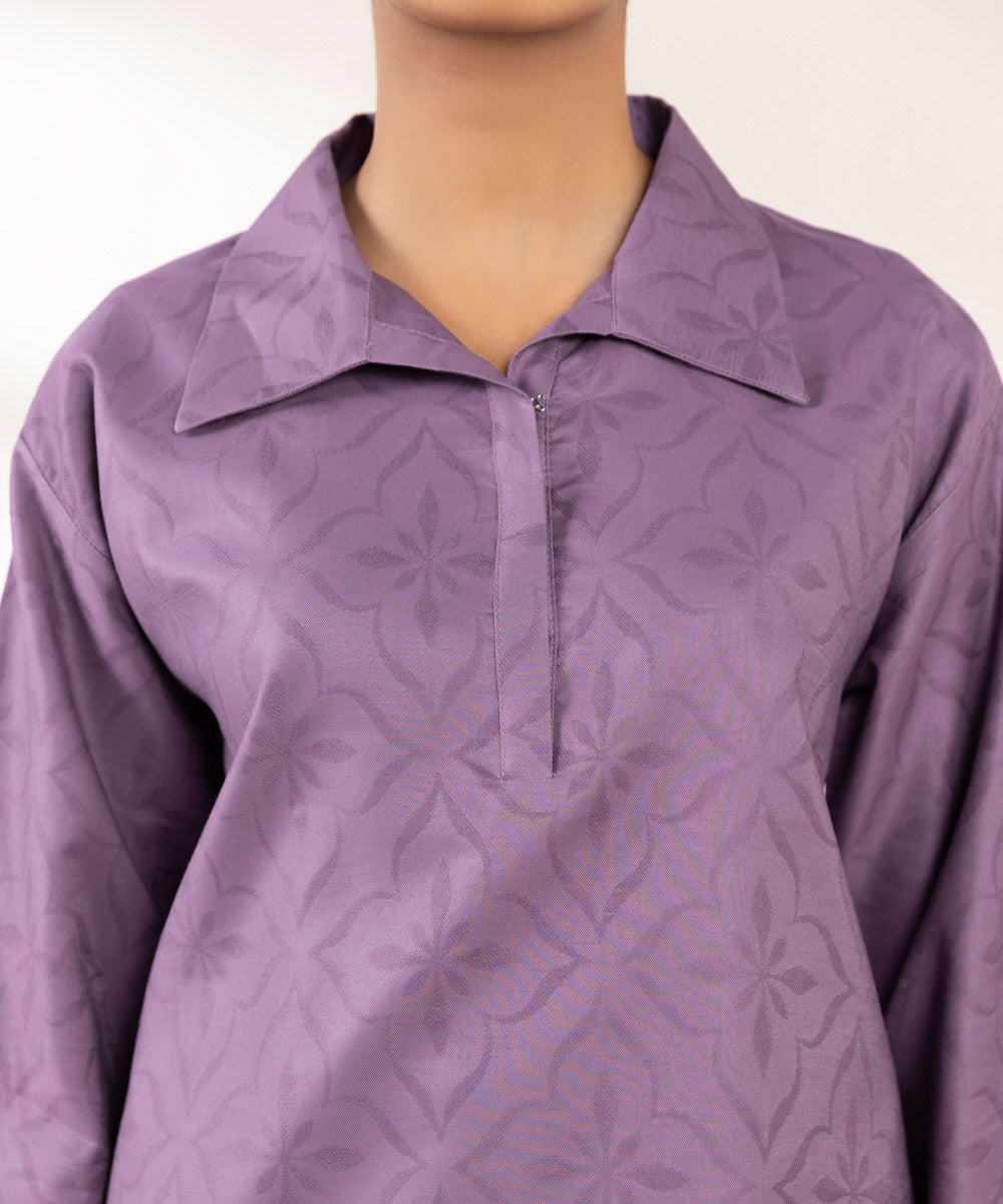 Women's Pret Cotton Jacquard Solid Purple Boxy Shirt