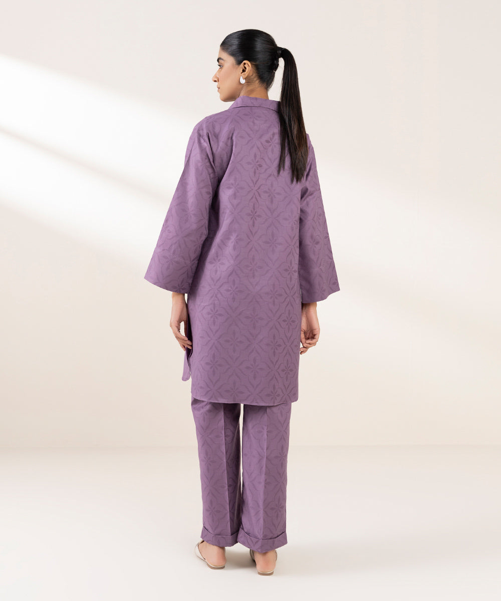 Women's Pret Cotton Jacquard Solid Purple Boxy Shirt