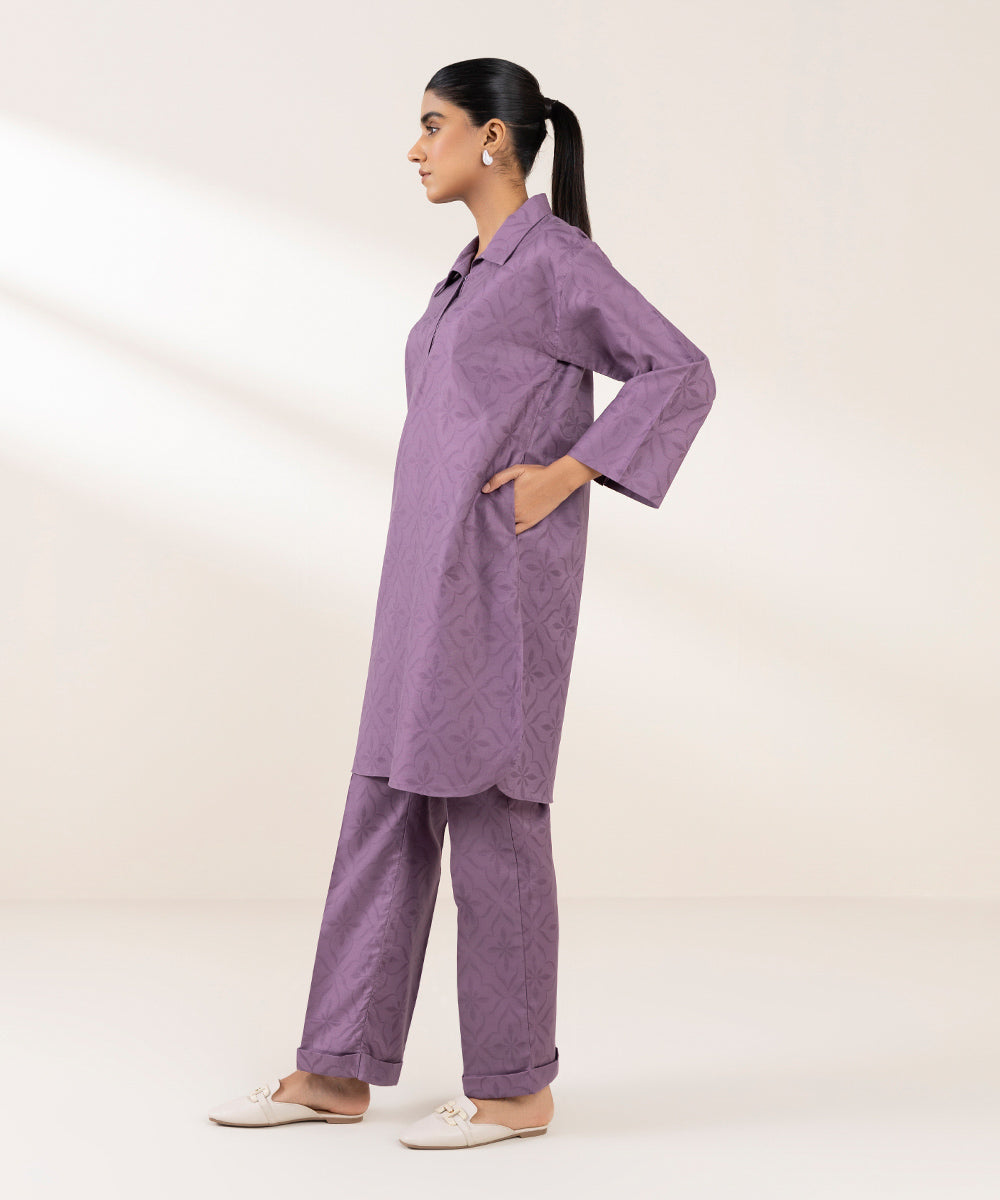 Women's Pret Cotton Jacquard Solid Purple Boxy Shirt