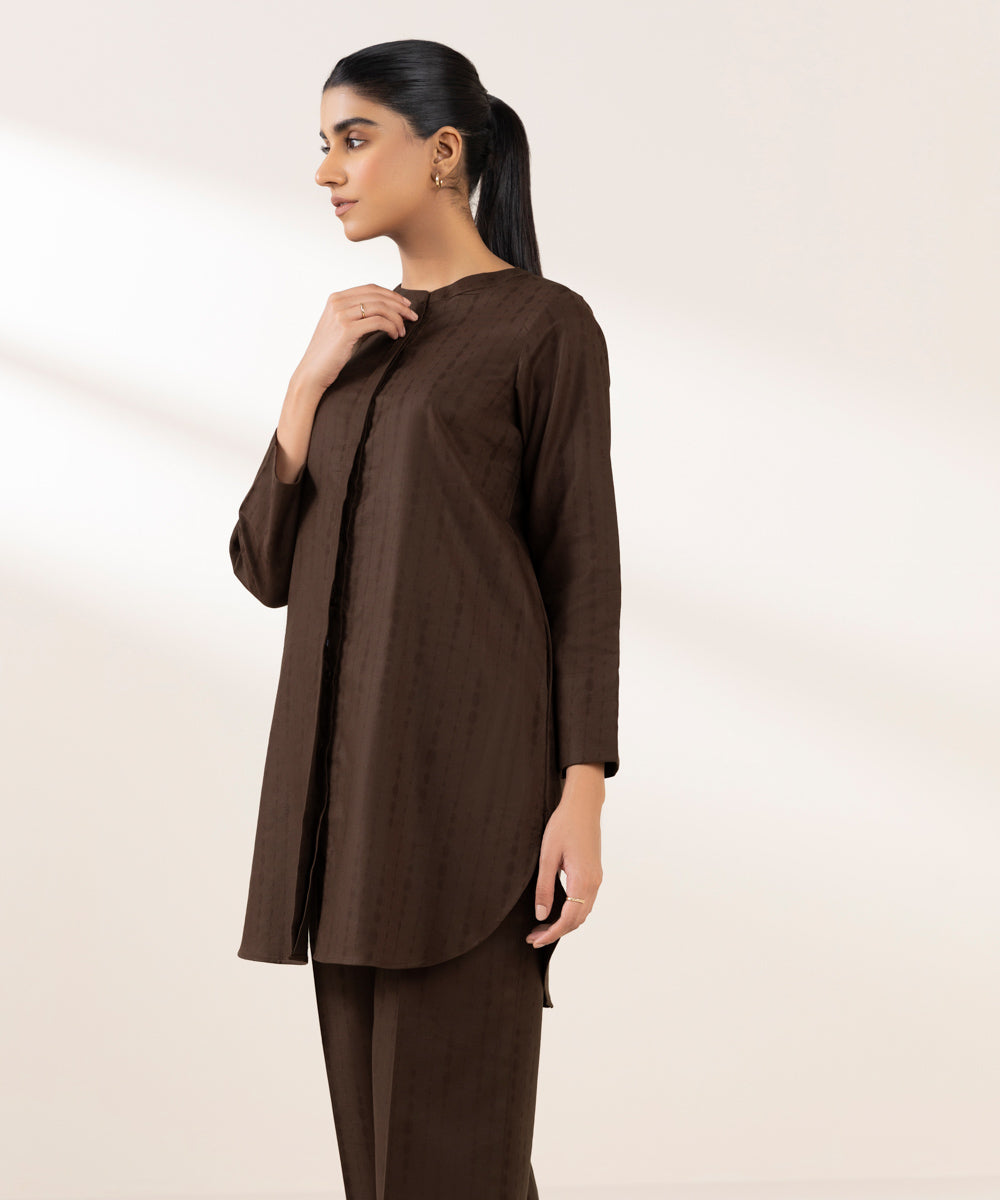 Women's Pret Cotton Jacquard Solid Brown Straight Shirt