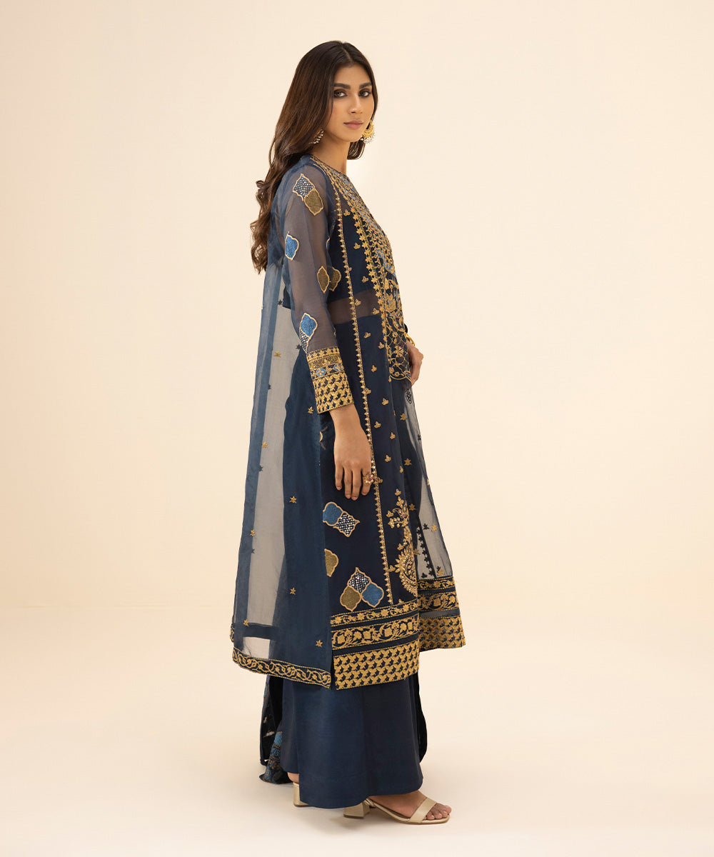 Eid Unstitched Women's Solid Embroidered Organza Navy Blue 3 Piece Suit