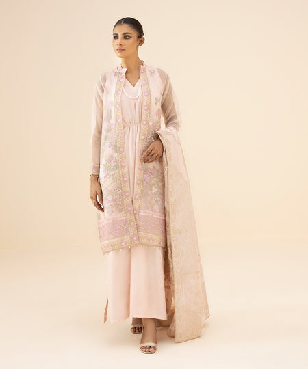 Eid Unstitched Women's Solid Embroidered Organza Powder Pink 3 Piece Suit