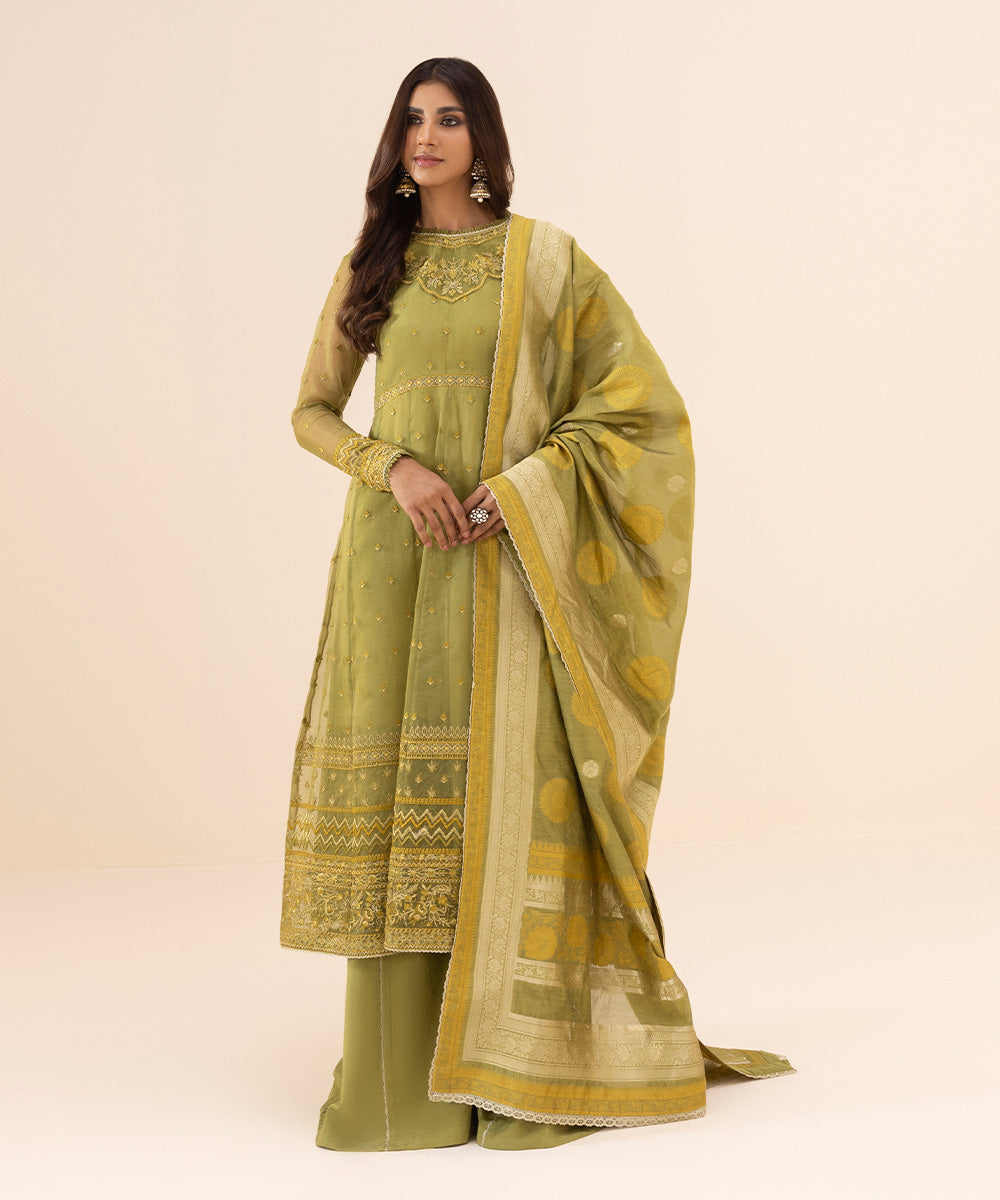 Eid Unstitched Women's Solid Embroidered Organza Olive Green 3 Piece Suit