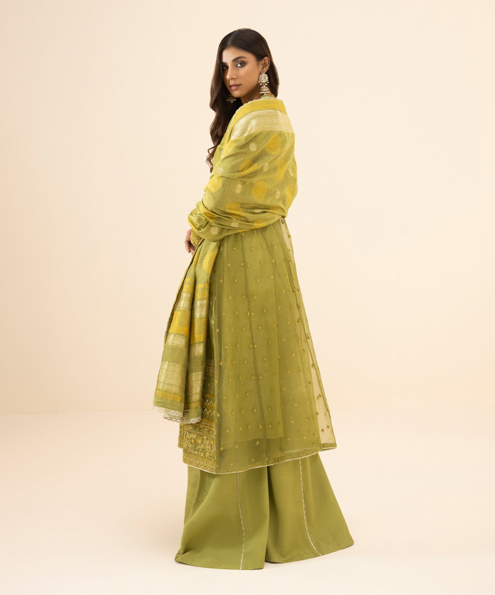Eid Unstitched Women's Solid Embroidered Organza Olive Green 3 Piece Suit