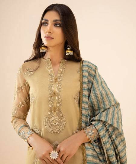 Eid Unstitched Women's Solid Embroidered Organza Beige 3 Piece Suit