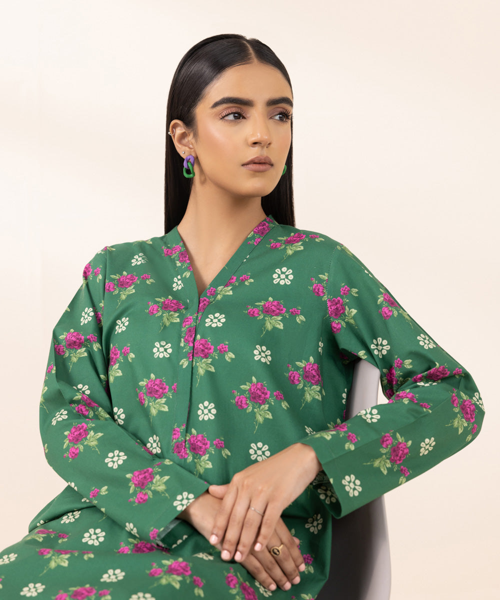 Women's Pret Cambric Printed Green A-Line Shirt