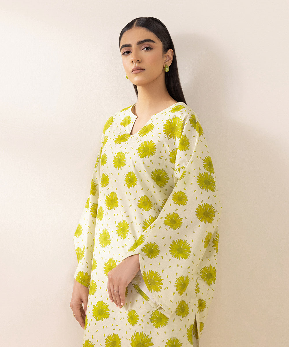 Women's Pret Cambric Printed Yellow Boxy Shirt