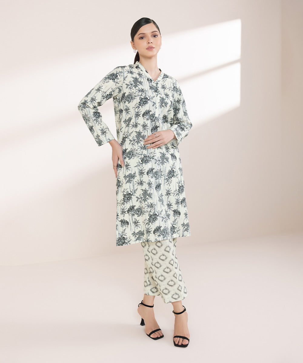 Women's Pret Khaddar Printed White A-Line Shirt