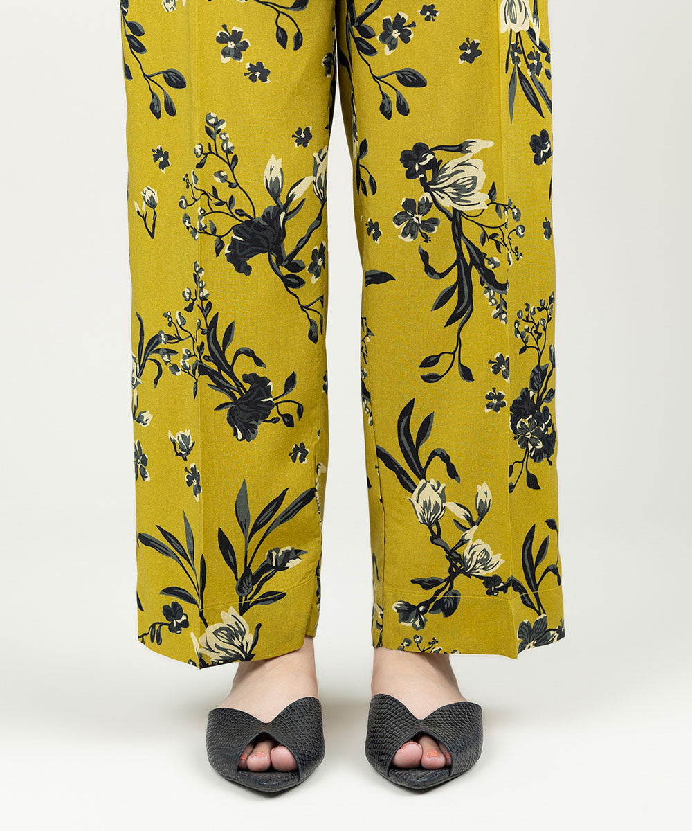 Women's Pret Linen Printed Mustard Straight Pants