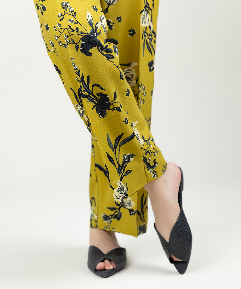 Women's Pret Linen Printed Mustard Straight Pants