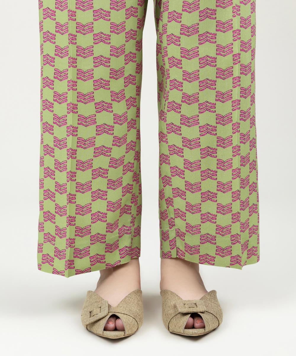 Women's Pret Linen Printed Sage Green Straight Pants