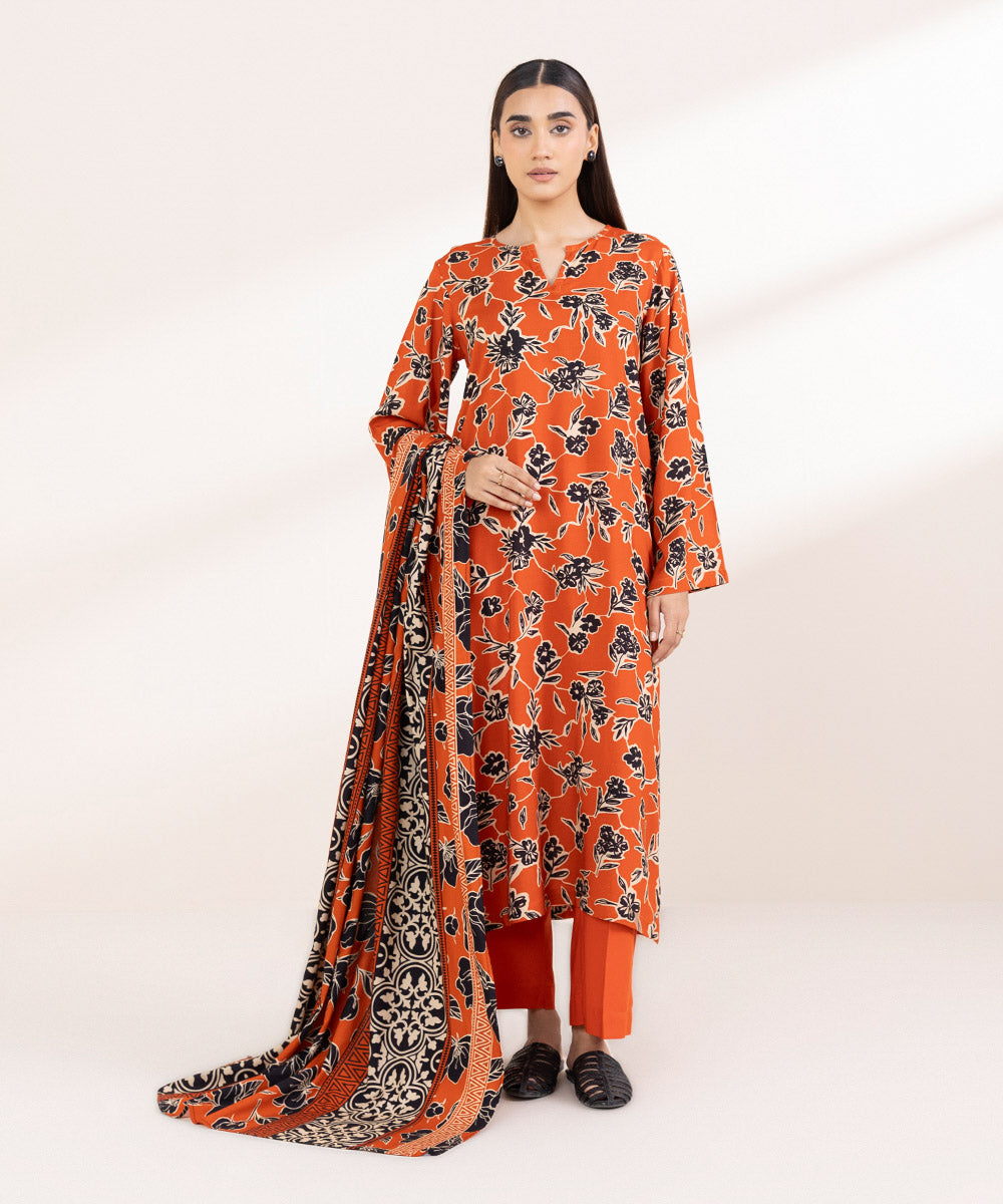 Dull Raw Silk Printed Tangerine Dupatta