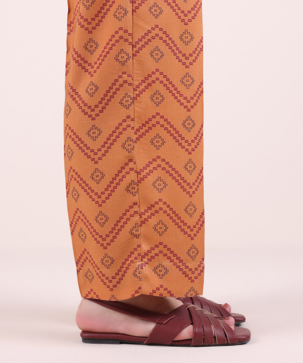 Women's Pret Linen Printed Orange Straight Pants