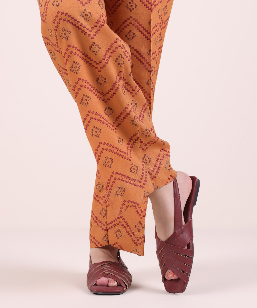 Women's Pret Linen Printed Orange Straight Pants