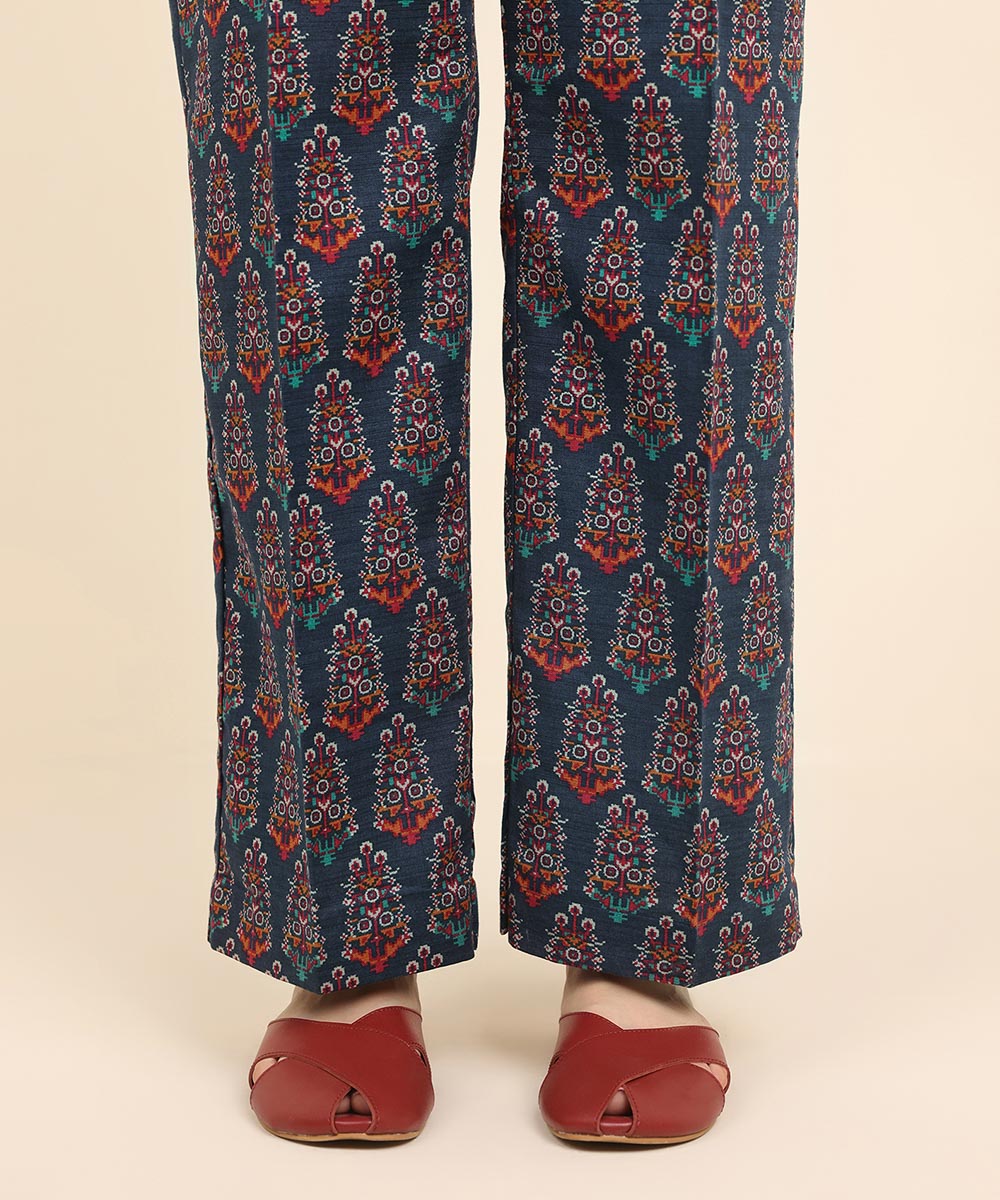 Women's Pret Khaddar Blue Printed Straight Pants