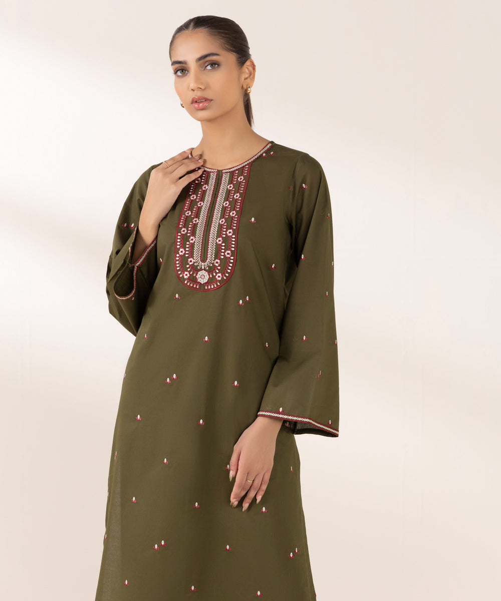 Women's Pret Cambric Embroidered Green A-Line Shirt