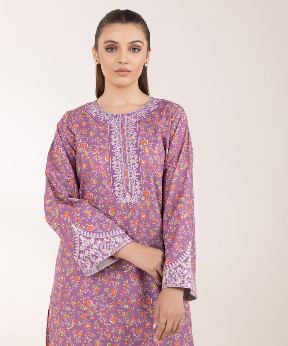 Women's Pret Cambric Embroidered Purple A-Line Shirt