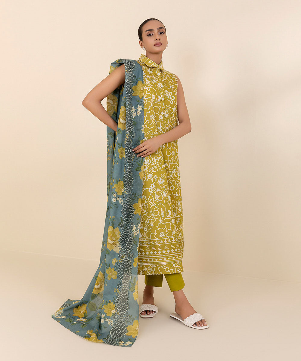 Women's Unstitched Lawn Yellow Printed 3 Piece Suit