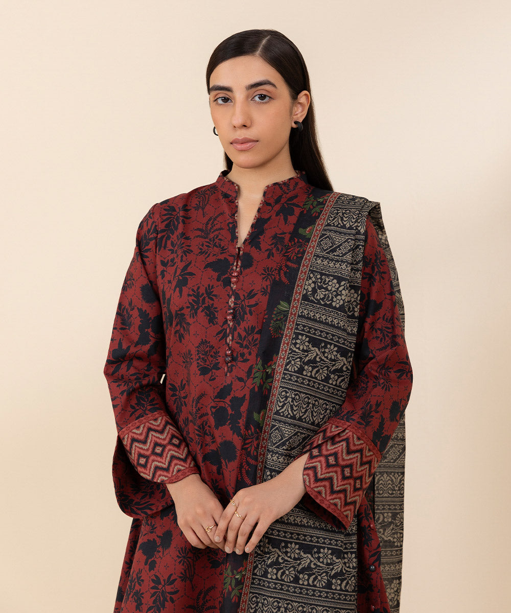 Women's Unstitched Lawn Red Printed 3 Piece Suit