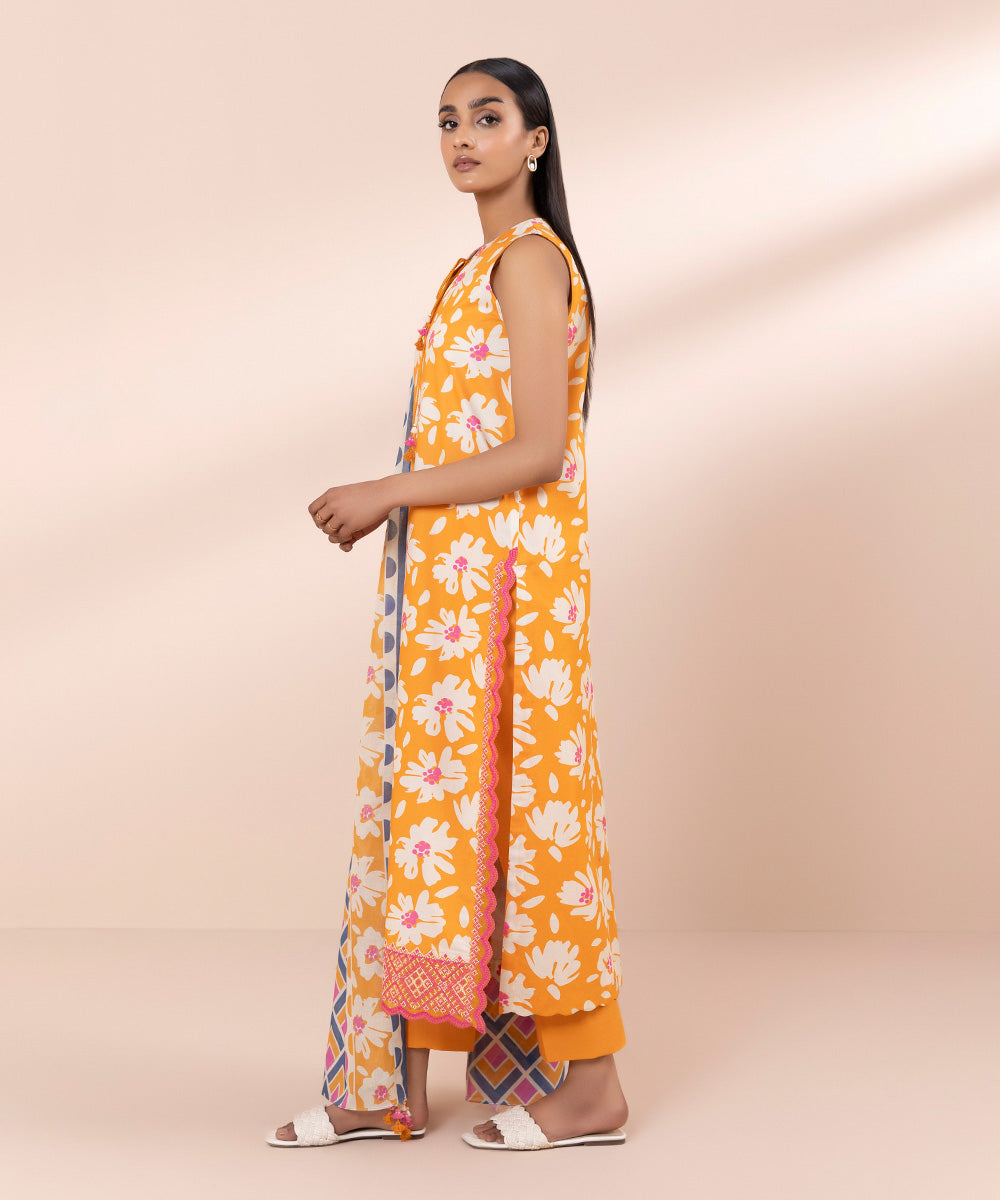 Women's Unstitched Lawn Embroidered Orange 3 Piece Suit