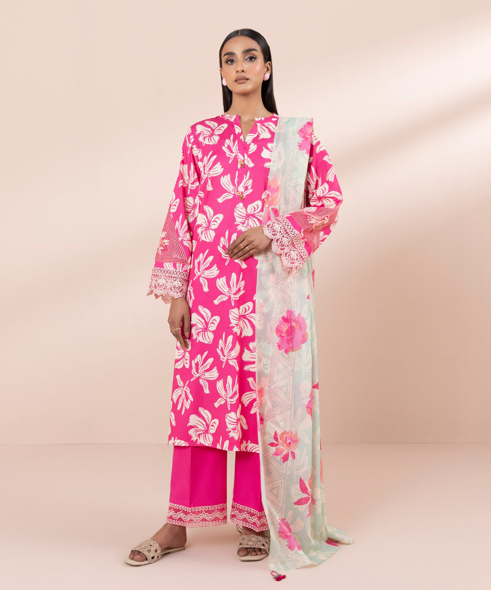 Women's Unstitched Lawn Embroidered Pink 3 Piece Suit