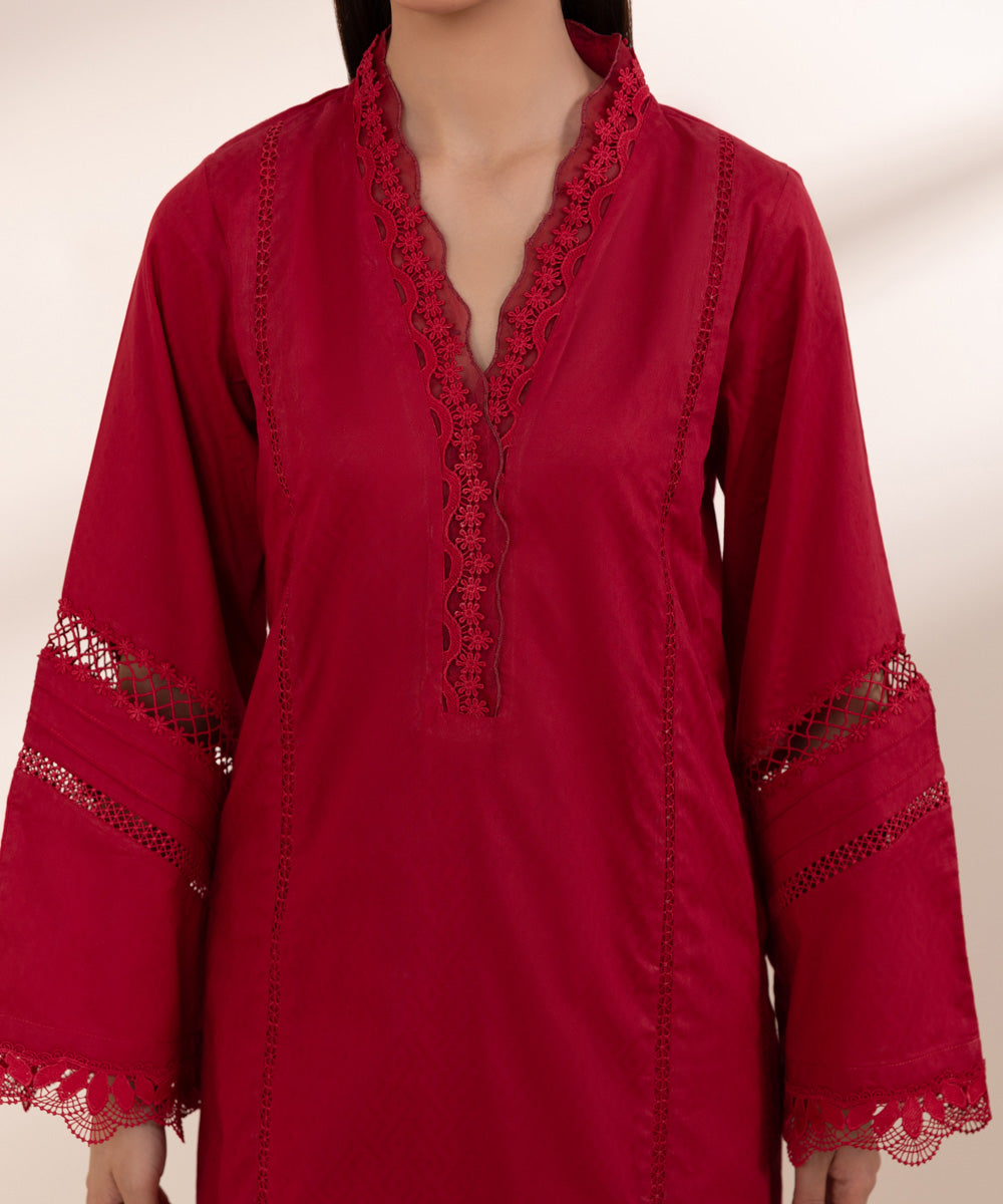 Women's Pret Cotton Jacquard Solid Red A-Line Shirt