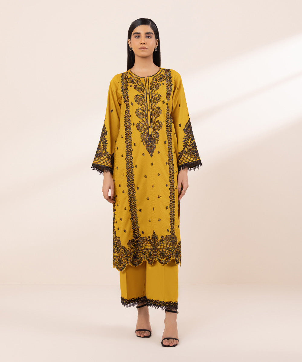 Women's Pret Cotton Jacquard Embroidered Yellow A-Line Shirt