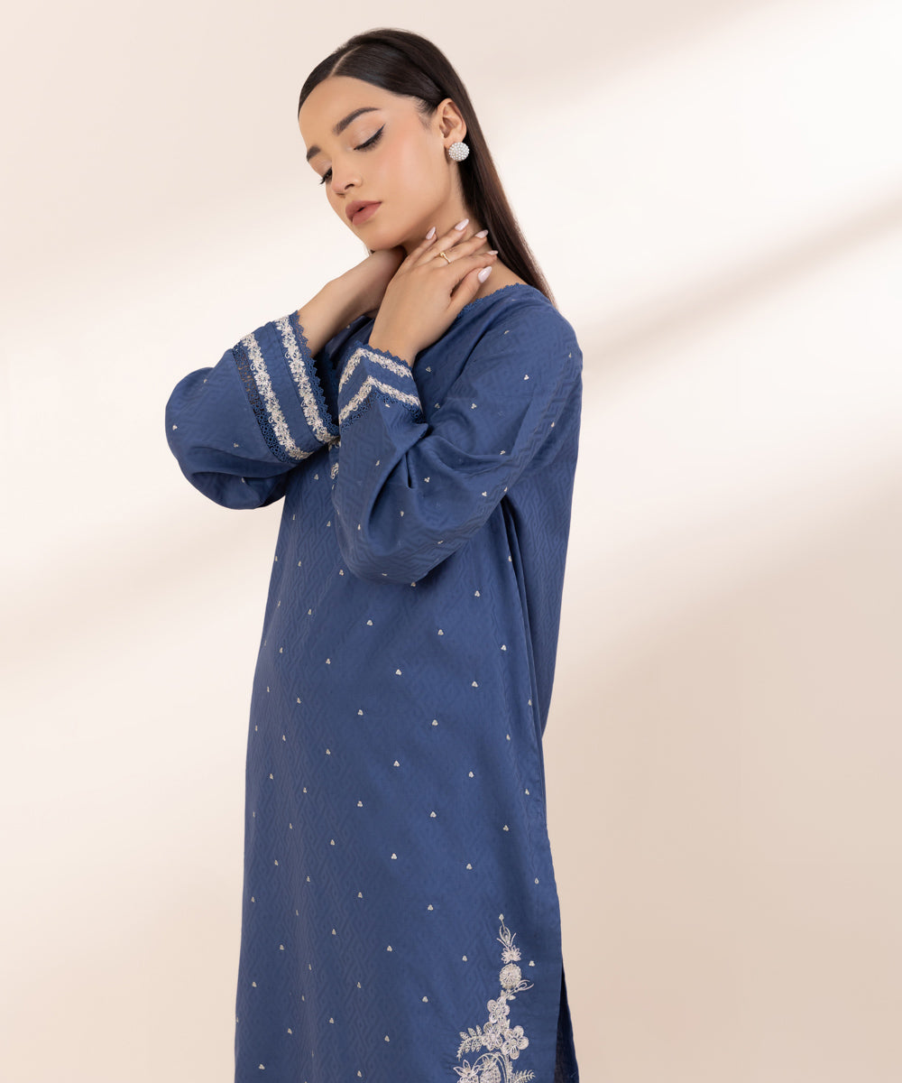 Women's Pret Cotton Jacquard Embroidered Blue A-Line Shirt