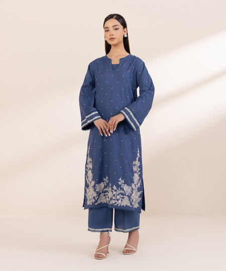 Women's Pret Cotton Jacquard Embroidered Blue A-Line Shirt