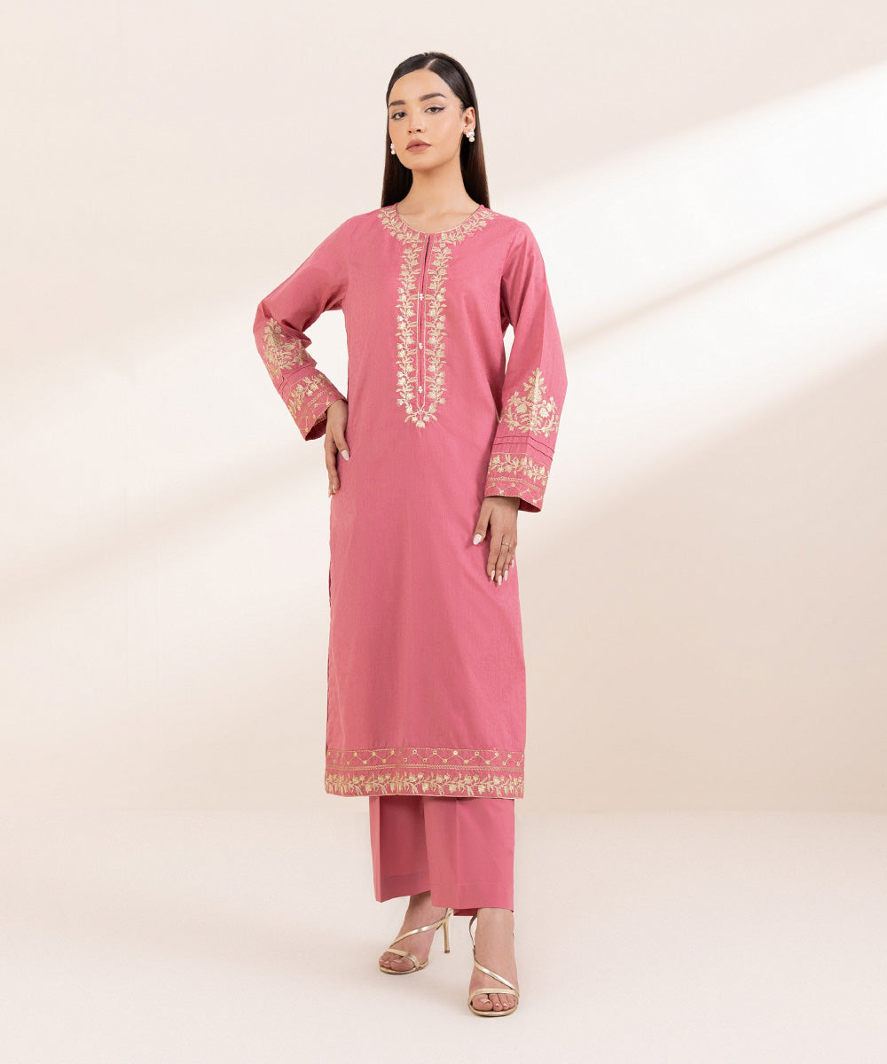 Women's Pret Cotton Jacquard Embroidered Pink A-Line Shirt