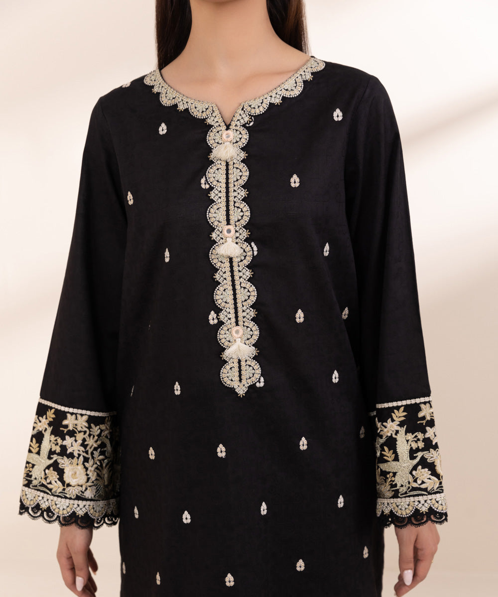 Women's Pret Cotton Jacquard Embroidered Black A-Line Shirt