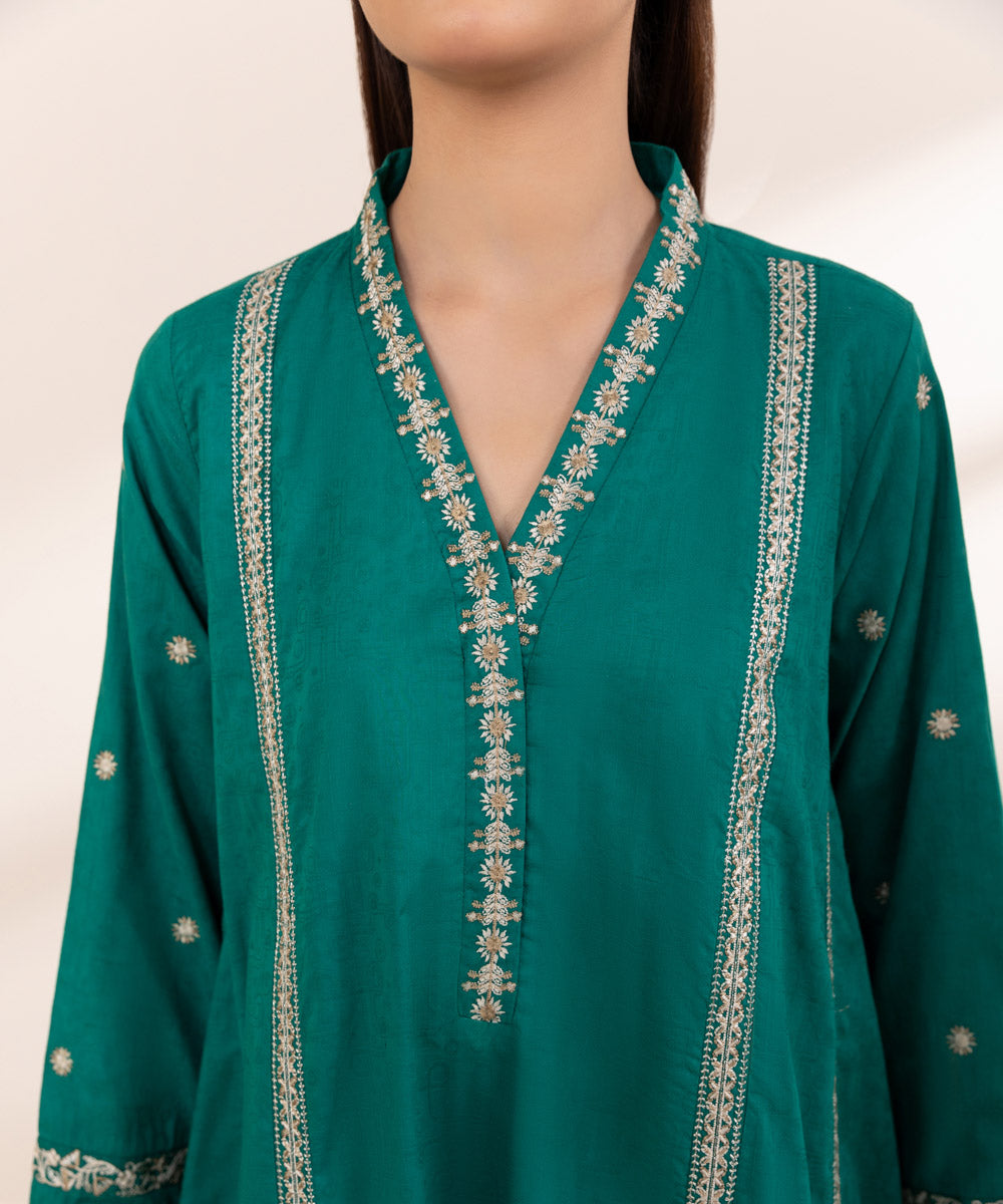 Women's Pret Cotton Jacquard Embroidered Green A-Line Shirt