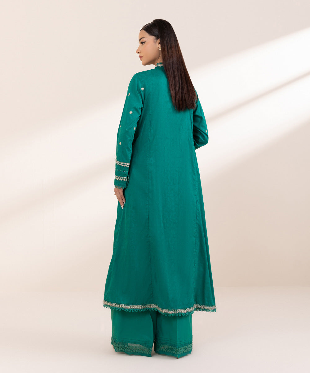 Women's Pret Cotton Jacquard Embroidered Green A-Line Shirt