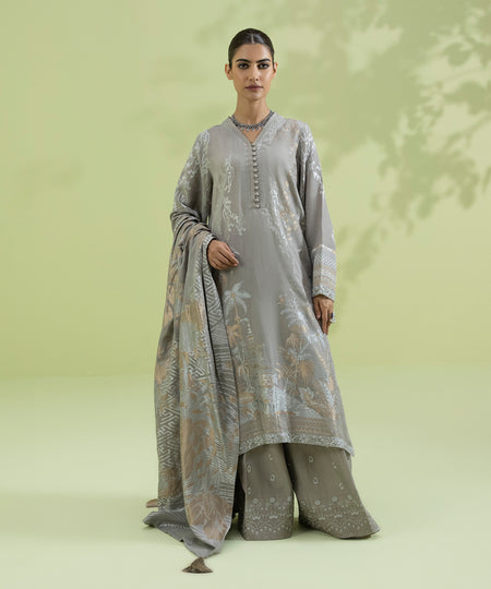 Eid Unstitched Women's Embroidered Extra Weft Jacquard Grey 3 Piece Suit