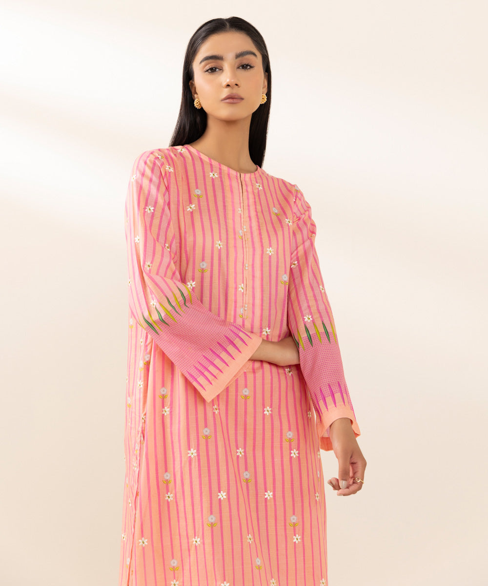 Women's Pret Textured Lawn Printed Peach Pink Straight Shirt