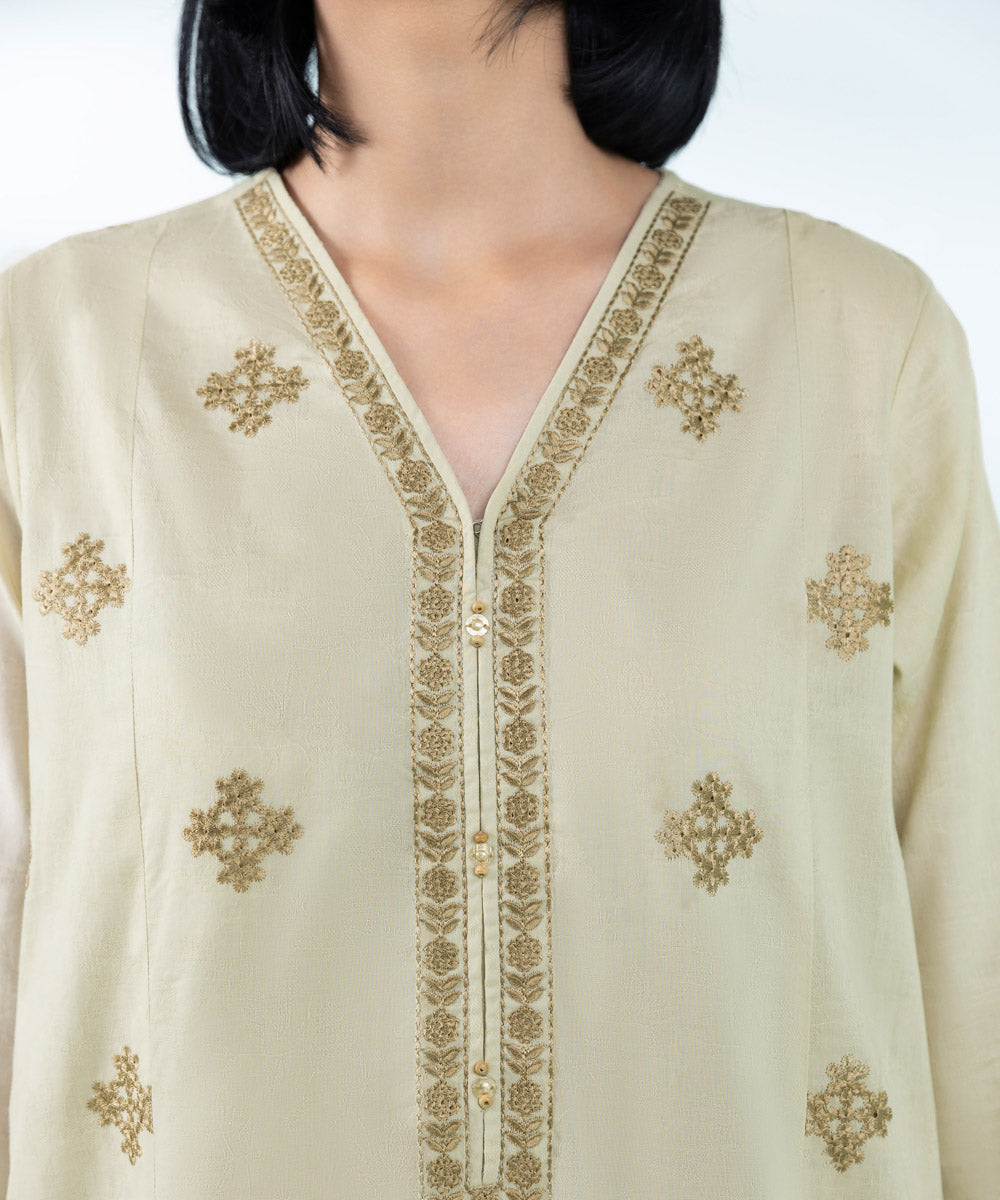 Women's Pret Cotton Jacquard Embroidered Beige A-Line Shirt