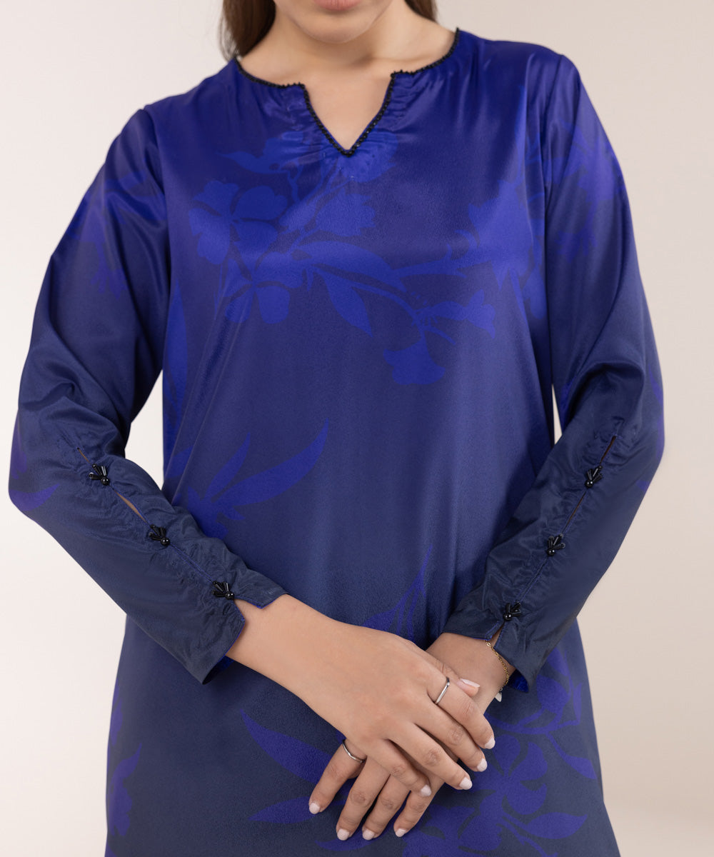 Women's Pret Blended Grip Blue Printed Straight Shirt