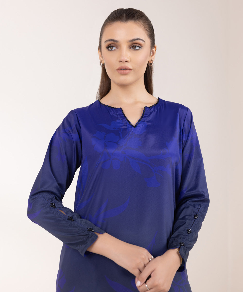 Women's Pret Blended Grip Blue Printed Straight Shirt