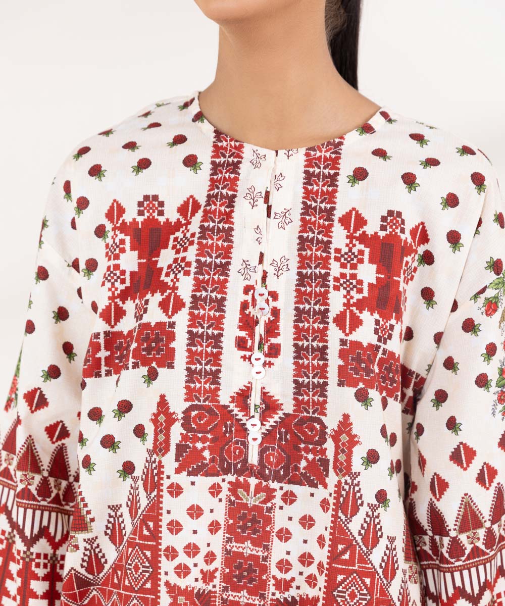 Women's Pret Cotton Viscose Red Printed Boxy Shirt